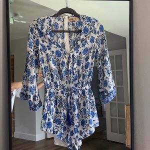 Blue and white floral romper